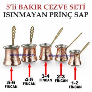 5'li Set Isınmayan Prinç Saplı %100 Bakır Cezve Seti,Küçükten Büyüğe 5 Adet Bakır Kahve Cezvesi