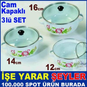 3lü SAKLAMA SET CAM KAPAKL DESENLİ EMAYE TENCERE