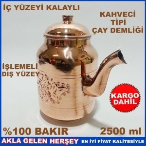 KargoDahil İÇİ KALAYLI KAHVECİ TİPİ %100 BAKIR ÇAY DEMLİĞİ 2.5.LT