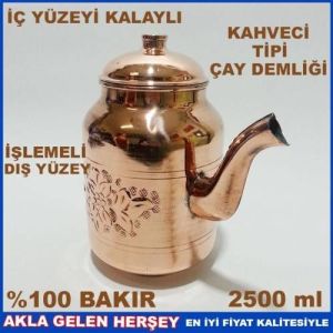 El İşi Çekiç Dövme %100 Bakır Demlik İç Yüzeyi Kalaylı Osmanlı Tipi Kahveci Tipi Çay Demliği 2500ml