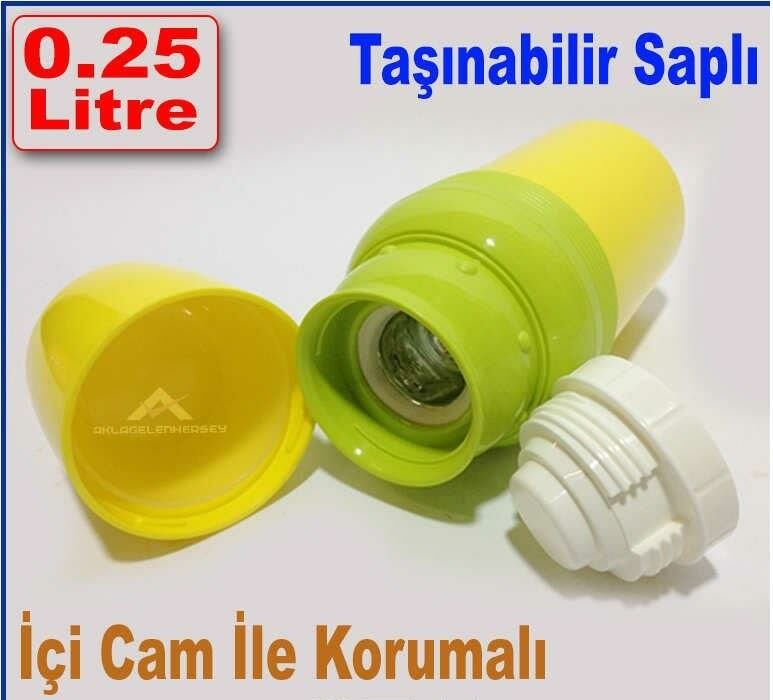 0.25 Litre Kapasiteli Çocuk Termosu İçi Cam ile Korumalı Taşınabilir Saplı Su Termosu