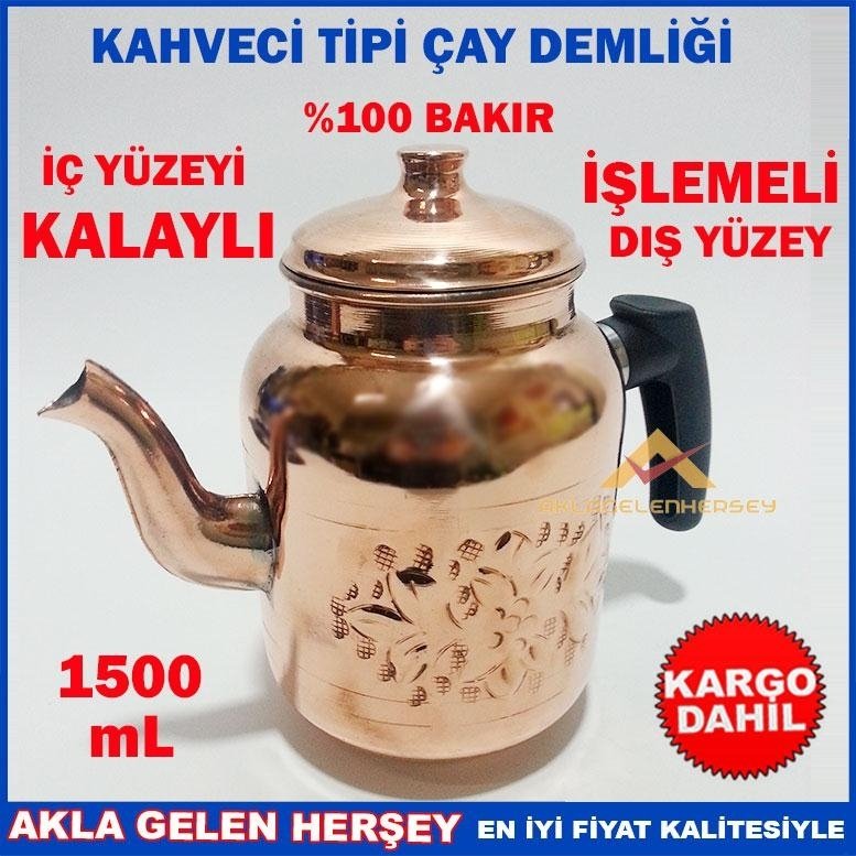 KargoDahil KAHVECİ TİPİ İÇİ KALAYLI % 100 BAKIR ÇAY DEMLİĞİ 1.5.L