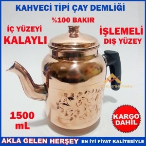 KargoDahil KAHVECİ TİPİ İÇİ KALAYLI % 100 BAKIR ÇAY DEMLİĞİ 1.5.L