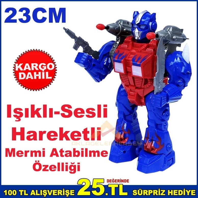 23cm BüyükBoy Hareketli ışıklı Sesli Mermi Fırlatan Oyuncak Robot