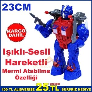 23cm BüyükBoy Hareketli ışıklı Sesli Mermi Fırlatan Oyuncak Robot
