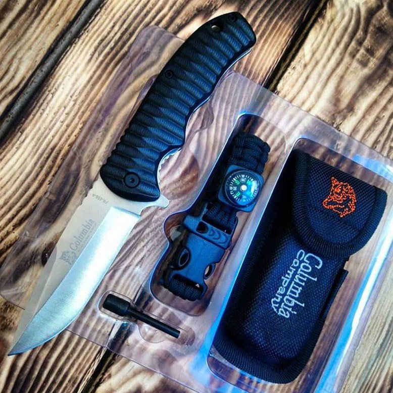 Columbia 283-C kamp seti bıçak pusula,magnezyum çubuğu ve kılıf ateş yakan avcı cakısı