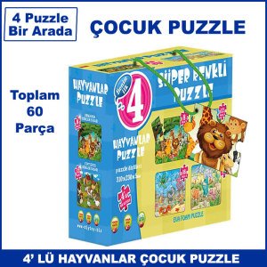 4 Puzzle Arada Toplam 60 Parça Hayvanlar Puzzle Zeka Gelişimine Yardımcı Orjinal  Çocuk Puzzle