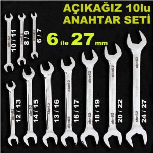 Çift Taraf Açık Ağızlı 10lu Anahtar Seti Metrik 6-27mm Karbon Çelikten 10 adet 2 ağızlı Anahtar Seti