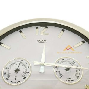 Büyük boy duvar saati termometre ve nemölçerli analog kadran VİP kalite gümüş gri sessiz duvar saati