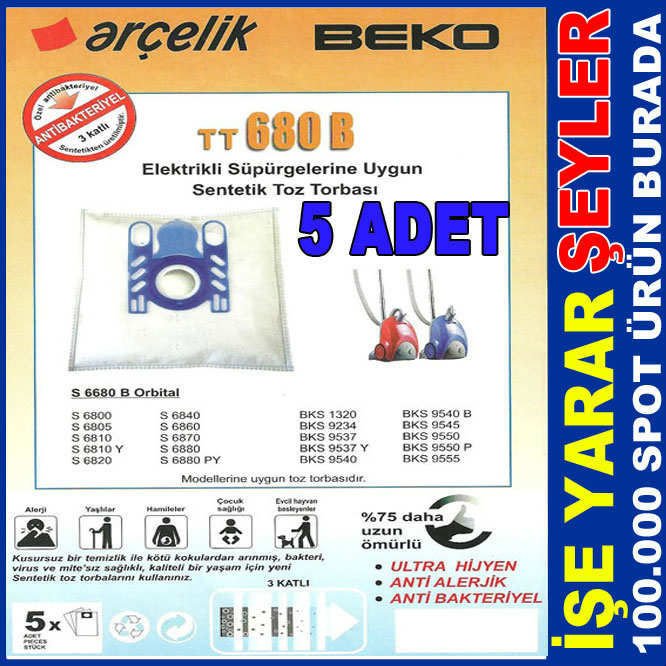 5 ADET BEKO TT 680 3 KAT SENTETİK TOZ TORBASI