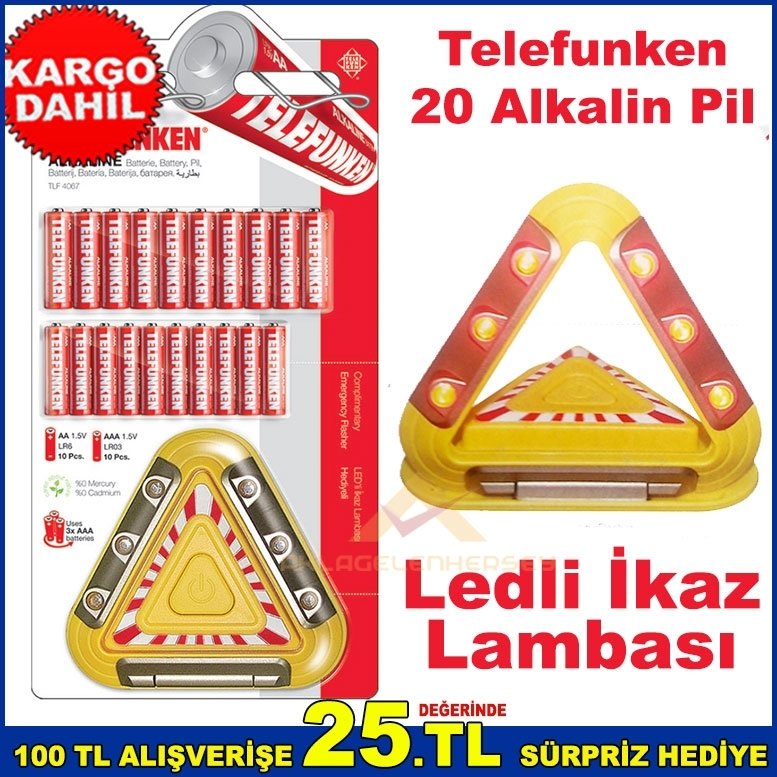 Telefunken 20adet Alkalin Pil 10AA+10AAA Pil Ledli İkaz Lambası