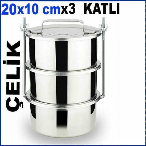 20x10cm Büyük Boy Çelik Sefer Tası 3'lü Karavana Paslanmaz Çelik Sanayi Tipi Yemek Taşıma Kabı