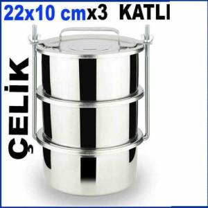 22x10cm Büyük Boy Çelik Sefer Tası 3'lü Karavana Paslanmaz Çelik Sanayi Tipi Yemek Taşıma Kabı