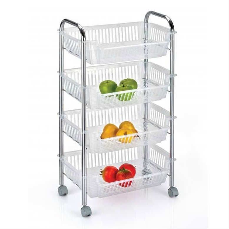 Metal gövde tekerlekli kromajlı 4 katlı krom sebzelik, sağlam, dayanıklı paslanmaz raflı sebzelik