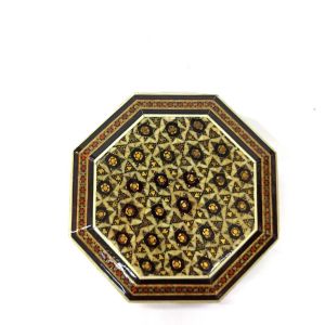 Ahşap Altın Varaklı Kakma Sedef İşlemeli İnce El İşçilikli 10x10 cm Sekizgen Kutu