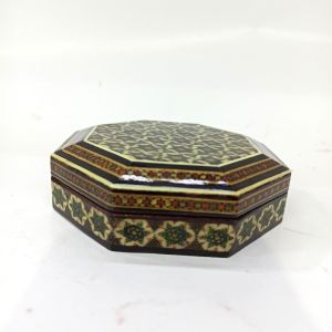 Ahşap Altın Varaklı Kakma Sedef İşlemeli İnce El İşçilikli 10x10 cm Sekizgen Kutu