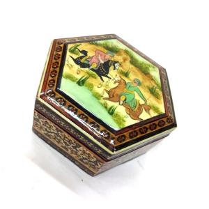 Ahşap Altın Varaklı Kakma Sedef İşlemeli İnce El İşçilikli 10x10x5 cm Sekizgen Menteşeli Kutu