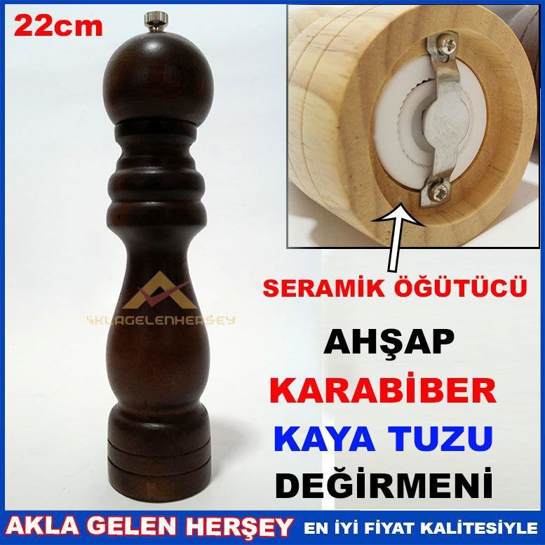 SERAMİK ÖĞÜTÜCÜLÜ 22cm BÜYÜK BOY AHŞAP KARABİBER DEĞİRMENİ