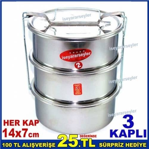 YEMEK TAŞIMA KABI 2lt 2-3 KİŞİLİK 3'LÜ PASLANMAZ ÇELİK SEFERTASI