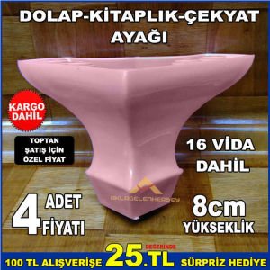 8cm YÜKSEKLİĞİNDE 4adet SAĞLAM DAYANIKLI DOLAP KİTAPLIK ÇEKYAT AYAĞI PEMBE RENK,VİDALARI DAHİL-2