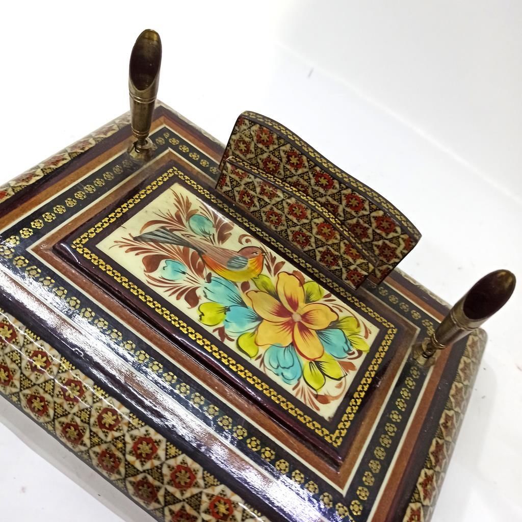 Ahşap Altın Varaklı Kakma Sedef İşlemeli İnce El İşçilikli 19.5x14.5 cm Kalemlik