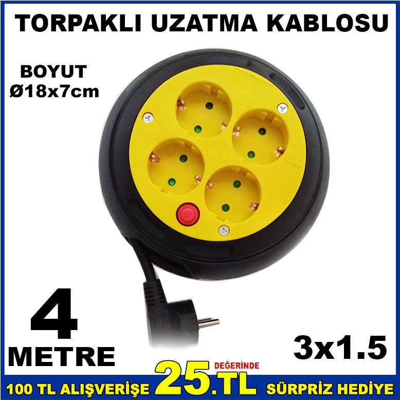 4 PRİZLİ GİZLİ MAKARA 4m TOPRAKLI UZATMA KABLOSU