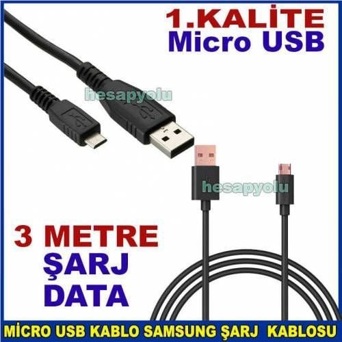 Uzun boy 3 metre Micro USB şarj data kablosu Samsung,Huawei,LG tüm android telefonlara uygun kablo