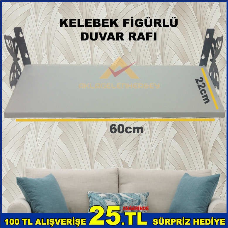 60x22cm BOYUTLARINDA KELEBEK MODEL DUVARA MONTE EDİLEBİLİR DEKORATİF TASARIMLI DUVAR RAFI