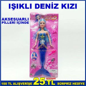 MAVİ SAÇLI AKSESUARLI RENKLİ IŞIKLI PİLLERİ İÇİNE DAHİL DENİZ KIZI