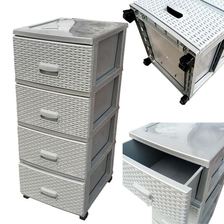 4 Çekmeceli Makaralı Tekerlekli Gri Renk Plastik Komidin Sebzelik