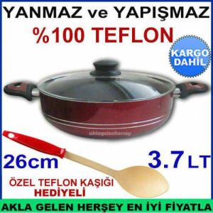 TEFLON KAŞIĞI HEDİYELİ 26cm CAMKAPAKLI YANMAZ YAPIŞMAZ TEFLON TENCERE KD-1