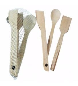 Tezgah Üzeri 3'lü Standlı Ahşap Spatula Kaşık Maşa Seti