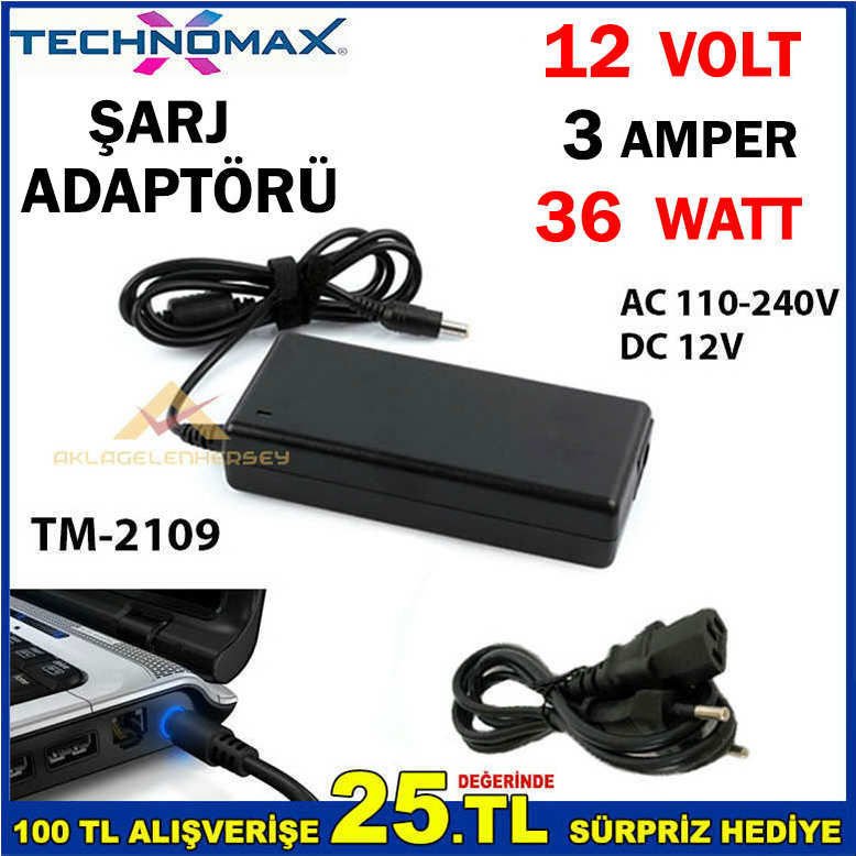 12 VOLT 3 AMPER 36 WATT ŞARJ ADAPTÖRÜ TM-2109