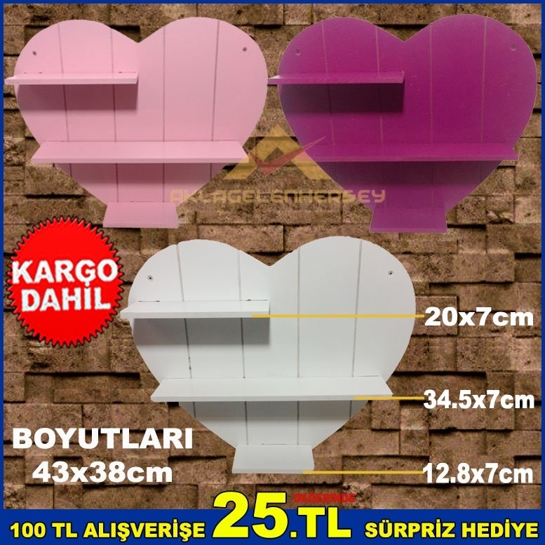 43x38cm BOYUTUNDA 3 RAFLI DEKORATİF TASARIMLI KALPLİ DUVAR RAFI
