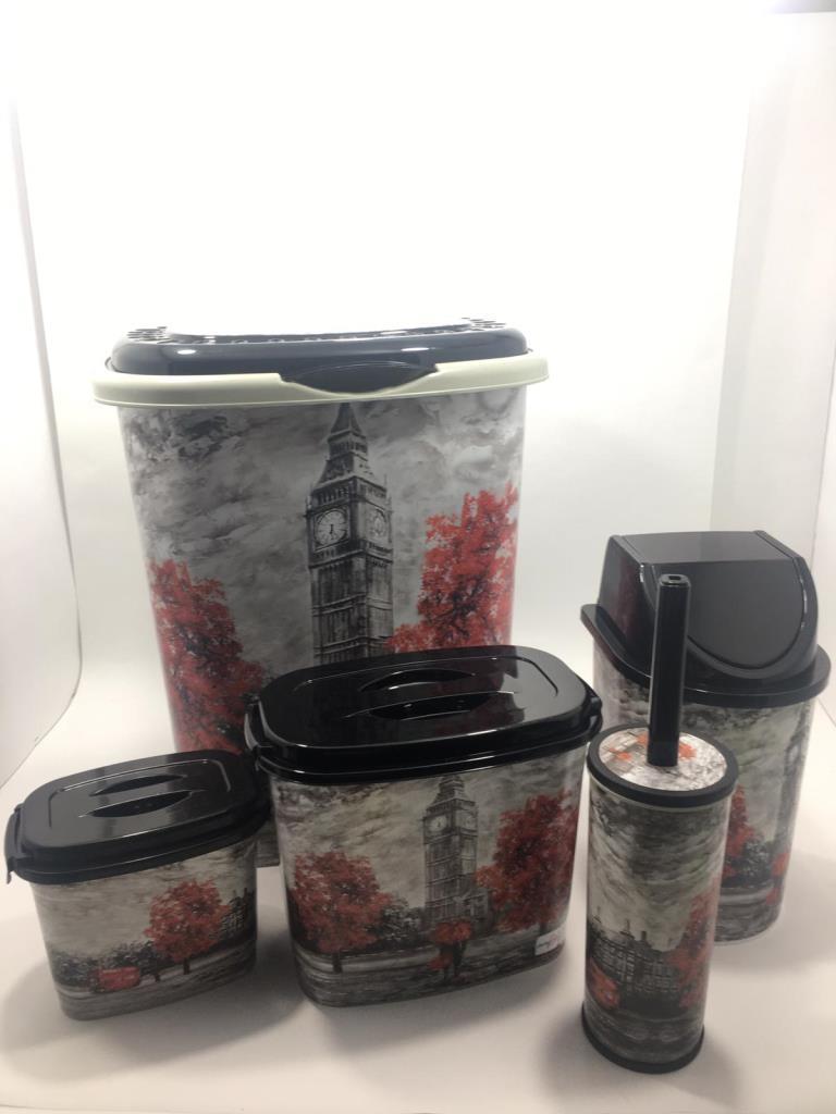 Londra Desenli 5 Parça Plastik Banyo Seti