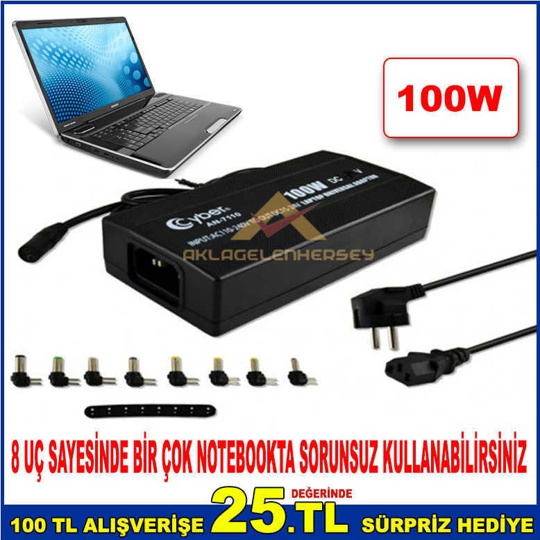 CYBER AN-7110 100W GÜCÜNDE 8 FARKLI UÇLU EVRENSEL AC/DC NOTEBOOK ADAPTÖRÜ