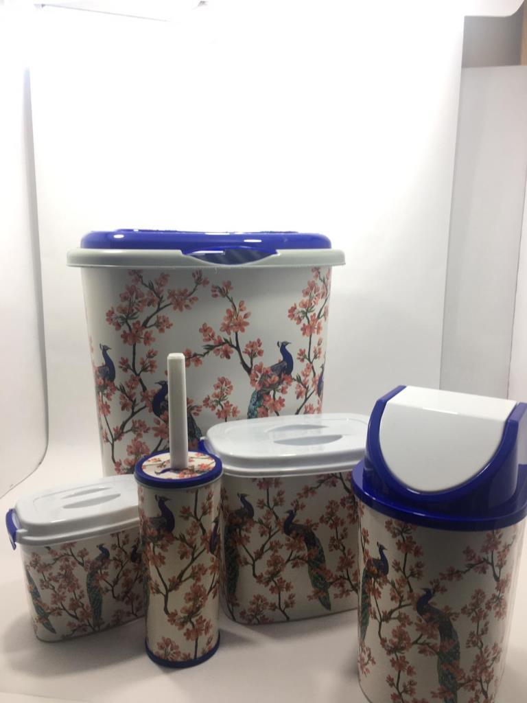 Kuş Ve Çicek Desenli 5 Parça Plastik Banyo Seti