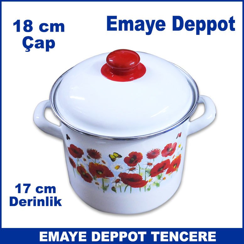 Emaye Deppot Tencere  18 cm Çapında Desenli Beyaz Emaye Tencere - Derin Emaye Tencere