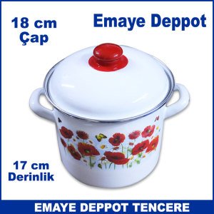 Emaye Deppot Tencere  18 cm Çapında Desenli Beyaz Emaye Tencere - Derin Emaye Tencere