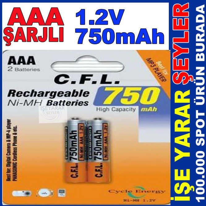 CFL 750mAh 1.2v AAA Ni-MH ŞARJLI PİL 2 ADET