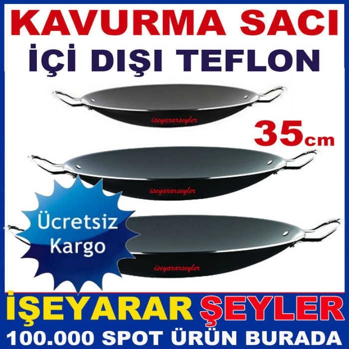 İÇİ DIŞI TEFLON ÇİFT KULPLU 35cm BÜYÜK BOY KAVURMA SACI YANMAZ,YAPIŞMAZ TEFLON SAÇ KAVURMA TAVASI