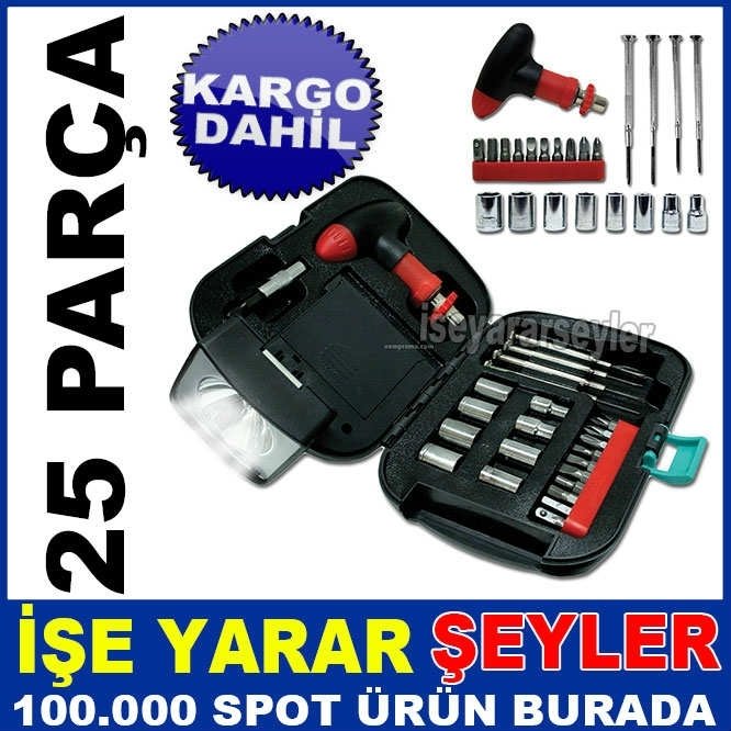 FENERLİ TAMİR ALET EDEVAT SETİ 25 PARÇA LOKMA TORNAVİDA SETİ PİLLİ IŞIKLI ÖZEL TAKIM ÇANTASI SETİ