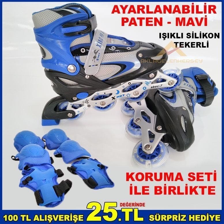 Işıklı Silikon Tekerli l-39-42 Arası Ayarlanabilir Mavi Paten Set