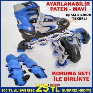 Işıklı Silikon Tekerli l-39-42 Arası Ayarlanabilir Mavi Paten Set