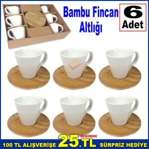 6 Kişilik Bambu Altlıklı Porselen Türk Kahve Fincan Seti 12 Parça Şık Tasarım Fincan Seti