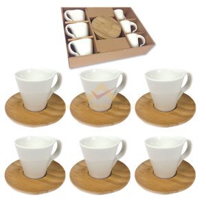 6 Kişilik Bambu Altlıklı Porselen Türk Kahve Fincan Seti 12 Parça Şık Tasarım Fincan Seti