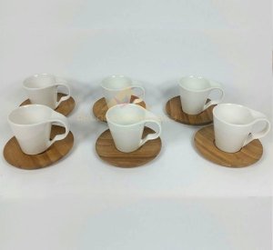 6 Kişilik Bambu Altlıklı Porselen Türk Kahve Fincan Seti 12 Parça Şık Tasarım Fincan Seti
