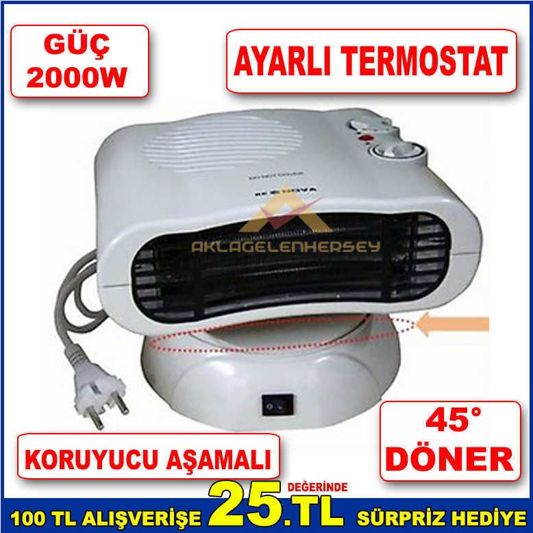 AYARLI-OTOMATİK KONTROL SICAKLIKLI AŞIRI ISINMAYA KARŞI GÜVENLİ 2000W GÜCÜNDE 45° DÖNER FAN ISITICI