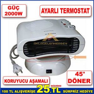 AYARLI-OTOMATİK KONTROL SICAKLIKLI AŞIRI ISINMAYA KARŞI GÜVENLİ 2000W GÜCÜNDE 45° DÖNER FAN ISITICI