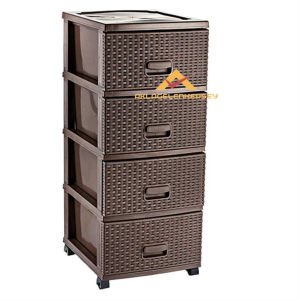 Koyu Kahverengi Büyük boy 4 Çekmeceli Hasır Desenli Komidin, Raddan Görünümlü Demonte Plastik Komidin